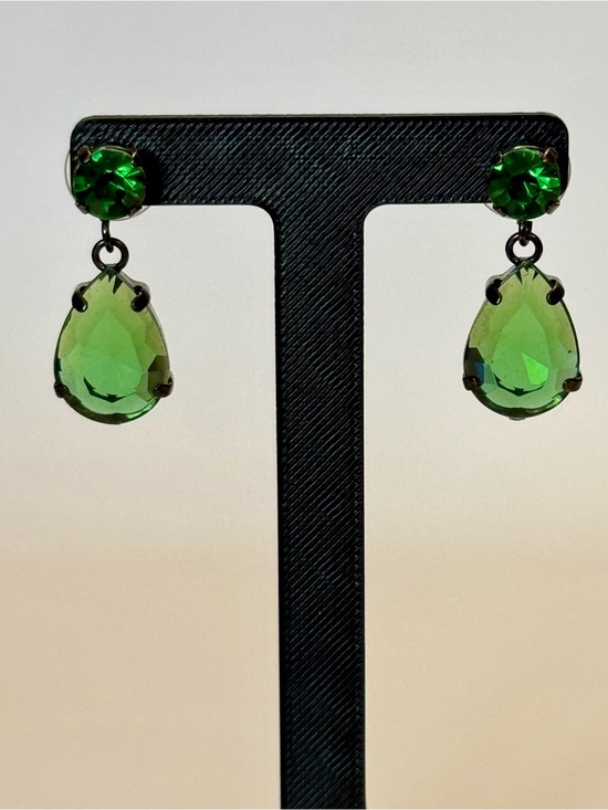 Jewelry - Vintage Emerald Green Rhinestone Teardrop Dangle Earrings Gunmetal Estate